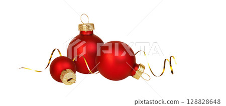 Red Christmas balls in different sizes with festive goldan ribbon isolated on white background Red Christmas balls in different sizes with festive goldan ribbon isolated on white background 128828648
