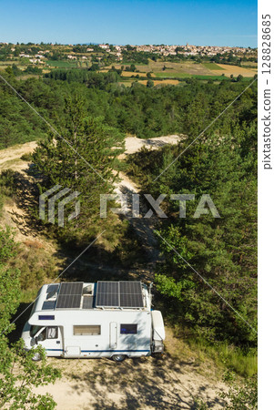 Caravan at lavender field, Provence in France. Aerial view Caravan at lavender field, Provence in France. Aerial view 128828685