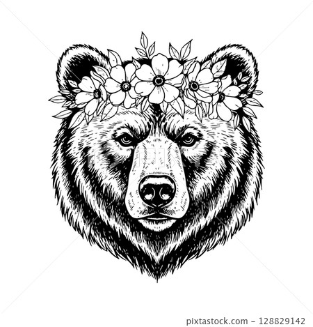 Strong bear with a charming flower crown, ideal for rustic and nature themes. 128829142