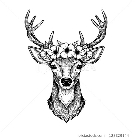 Graceful deer with a charming flower crown, ideal for nature and whimsical themes. 128829144