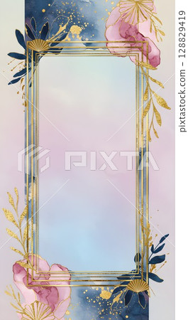 Abstract golden frame with watercolor flowers and leaves, elegant design for wedding invitation or greeting card. 128829419