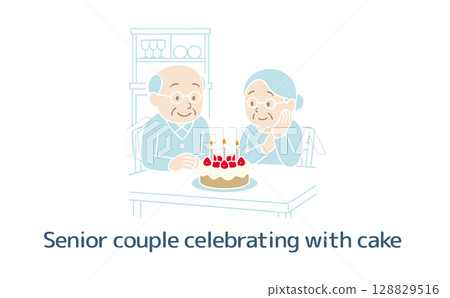 Senior couple celebrating with cake (no main line) 128829516