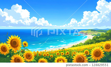 Sunflowers, sea, blue sky 128829551