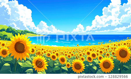 Sunflowers, sea, blue sky 128829566