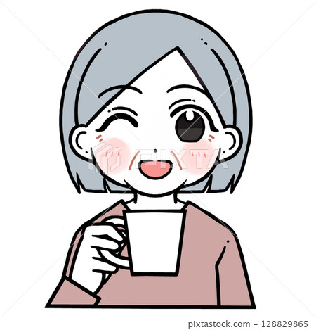 一位老婦人手捧杯子,笑著眨眼的插圖 一位老婦人手捧杯子,笑著眨眼的插圖 128829865