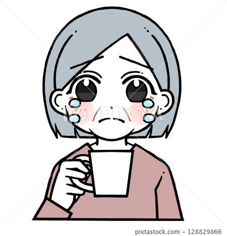Illustration of an elderly woman crying with tears holding a cup 128829866
