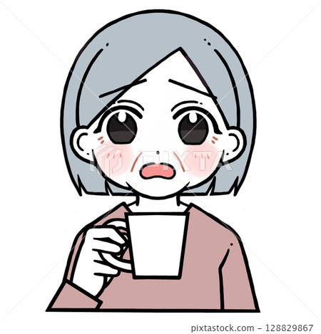 Illustration of an elderly woman with a troubled face holding a cup 128829867