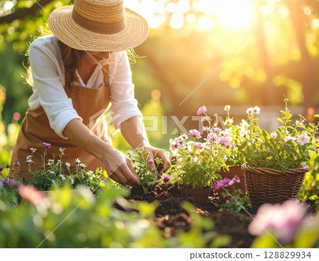 一個女人享受園藝 128829934