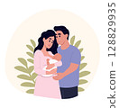 Happy young parents holding newborn baby. Loving family with infant. Mother and father with toddler. Parenthood and family care concept. 128829935