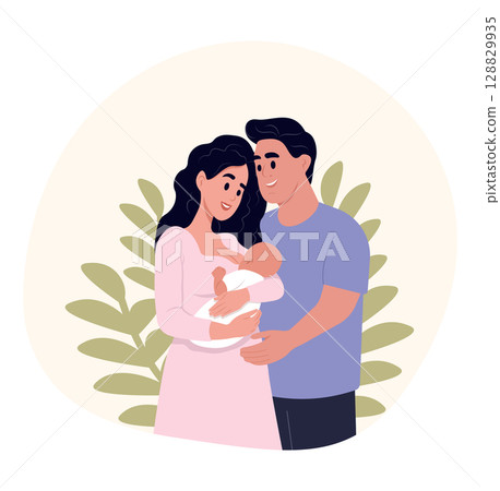 Happy young parents holding newborn baby. Loving family with infant. Mother and father with toddler. Parenthood and family care concept. 128829935