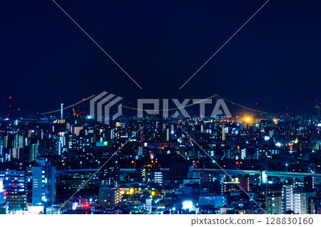 Night view of the Akashi Kaikyo Bridge from the middle of Mount Ikoma Night view of the Akashi Kaikyo Bridge from the middle of Mount Ikoma 128830160