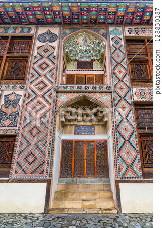Palace of Shaki Khans, Shaki, Azerbaijan: Ornate Facade with Traditional Patterns, Stained Glass, and Muqarnas Palace of Shaki Khans, Shaki, Azerbaijan: Ornate Facade with Traditional Patterns, Stained Glass, and Muqarnas 128830187