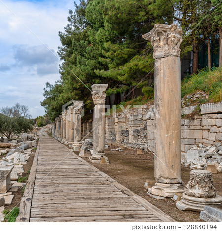 Ancient Columns and Wooden Walkway at the Ancient City of Ephesus, Selcuk, Izmir Province, Turkey Ancient Columns and Wooden Walkway at the Ancient City of Ephesus, Selcuk, Izmir Province, Turkey 128830194
