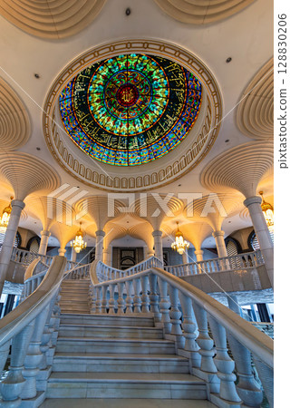 Jame Asr Hassanil Bolkiah Mosque Interior, Grand Staircase and Stained Glass Dome, Bandar Seri Begawan, Brunei 128830206