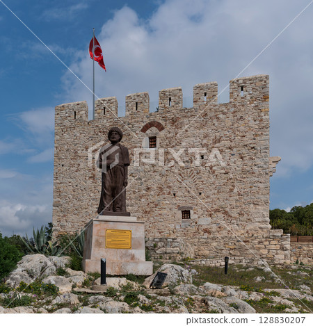 Kusadasi Castle with Barbarossa Hayreddin Pasha Statue and Turkish Flag, Kusadasi, Turkey Kusadasi Castle with Barbarossa Hayreddin Pasha Statue and Turkish Flag, Kusadasi, Turkey 128830207