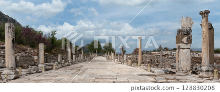 Arcadian Street, an ancient Roman thoroughfare lined with columns and ruins, Ephesus, Turkey. Arcadian Street, an ancient Roman thoroughfare lined with columns and ruins, Ephesus, Turkey. 128830208