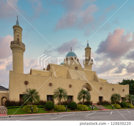 Ash Shaliheen Mosque, a prominent landmark in Bandar Seri Begawan, Brunei Darussalam, under a cloudy sky 128830220