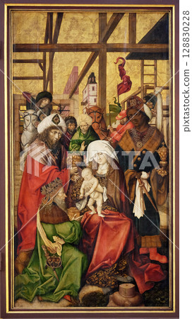 Nativity Scene, Adoration of the Magi, main altar in Marienkapelle in Wurzburg, Bavaria, Germany Nativity Scene, Adoration of the Magi, main altar in Marienkapelle in Wurzburg, Bavaria, Germany 128830228