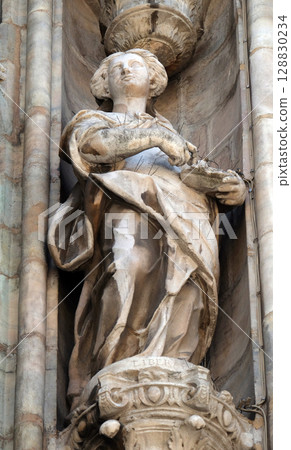 Saint Liberata, statue on the Milan Cathedral, Duomo di Santa Maria Nascente, Milan, Lombardy, Italy 128830234