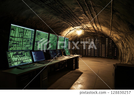 Underground military bunker with glowing monitors and advanced surveillance systems 128830257