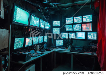 Modern computer room interior with large screens in dark environment 128830258