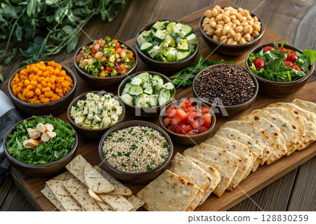 Assortment of healthy vegetarian salads in bowls for a clean eating concept Assortment of healthy vegetarian salads in bowls for a clean eating concept 128830259