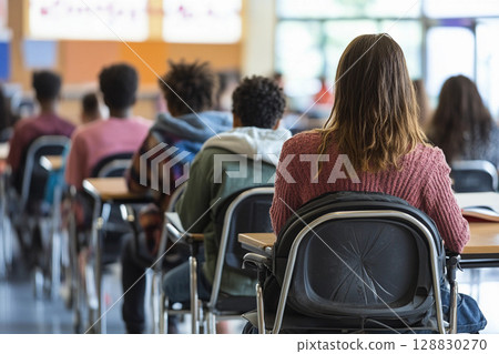 Rear view of students sitting in a university lecture hall attentively listening during class 128830270