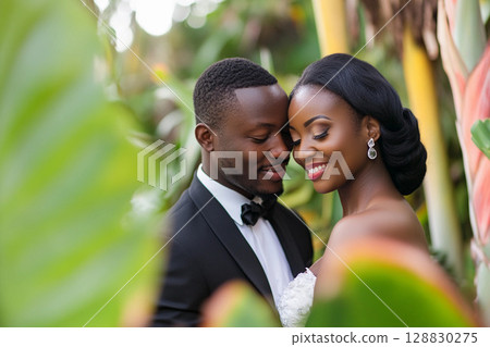 Beautiful African American bride and groom embracing in lush tropical garden setting 128830275