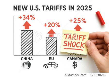 Bar Chart Showing Trump s 2025 Tariff Hikes With Tariff Shock Sticky Note. Concept For Trade War Escalation, Economic Nationalism, Global Market Impact, And U.S. Policy Commentary Visuals 128830282