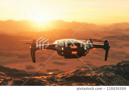 Drone flying in the sky during a colorful sunset 128830309