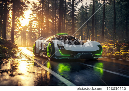 Sports car concept parked in a forest during a vibrant sunset 128830310