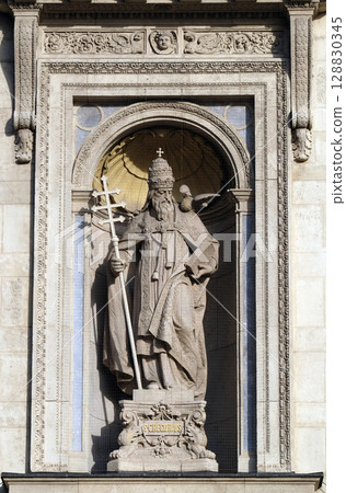 Saint Gregory statue on the facade of St. Stephen`s Basilica in Budapest, Hungary Saint Gregory statue on the facade of St. Stephen`s Basilica in Budapest, Hungary 128830345