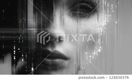 Abstract Digital Portrait Depicting Futurism and Data Visuals in Monochrome 128830376