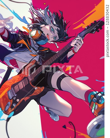 A happy girl holding a guitar 128830432