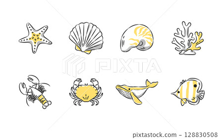 Summer and beach hand drawn icon collection. Set 3 of 3. Vector illustration. Summer and beach hand drawn icon collection. Set 3 of 3. Vector illustration. 128830508