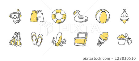 Summer and beach hand drawn icon collection. Set 2 of 3. Vector illustration. Summer and beach hand drawn icon collection. Set 2 of 3. Vector illustration. 128830510