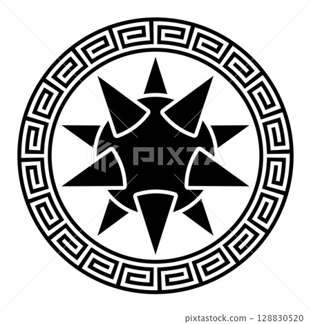 Spiked ball in a circular border with meander pattern. Morning star like figure, a medieval weapon, safely enclosed from circle frame with Greek key pattern. Crop circle pattern found 2025 in Bavaria. Spiked ball in a circular border with meander pattern. Morning star like figure, a medieval weapon, safely enclosed from circle frame with Greek key pattern. Crop circle pattern found 2025 in Bavaria. 128830520