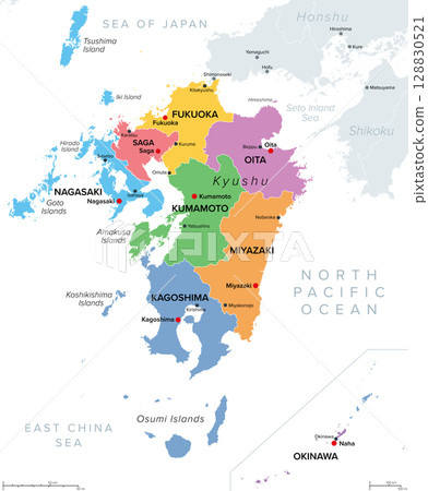 Kyushu region of Japan, multi colored political map. Third-largest island of Japan, consisting of the seven prefectures Fukuoka, Kumamoto, Nagasaki, Oita, Saga, Kagoshima, Miyazaki, and Okinawa. Kyushu region of Japan, multi colored political map. Third-largest island of Japan, consisting of the seven prefectures Fukuoka, Kumamoto, Nagasaki, Oita, Saga, Kagoshima, Miyazaki, and Okinawa. 128830521