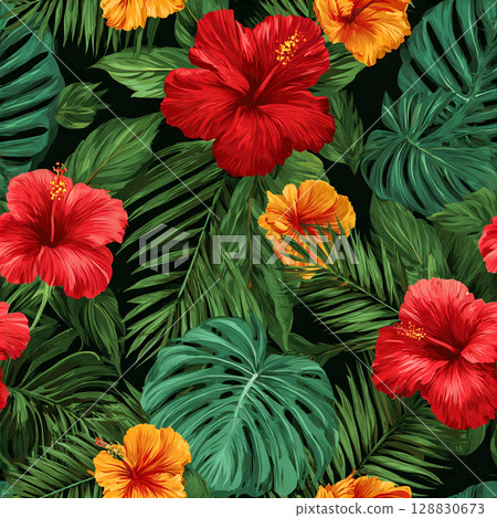 Vibrant Tropical Floral Pattern with Hibiscus and Monstera Leaves Vibrant Tropical Floral Pattern with Hibiscus and Monstera Leaves 128830673