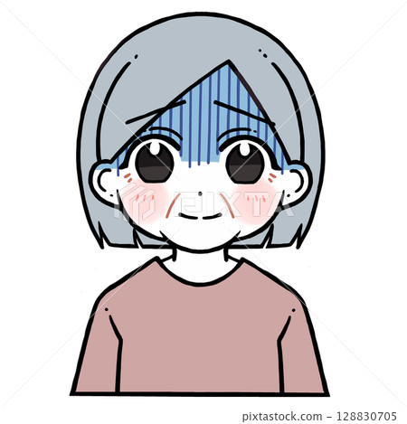 Illustration of an elderly woman with a blue face smiling listlessly 128830705