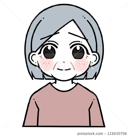 Illustration of an elderly woman smiling with a troubled face 128830706