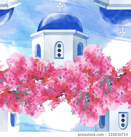 Watercolor seamless pattern with a white stone church with a blue dome surrounded by luxuriantly blooming bougainvilleas. A template with an image of a Greek landmark on the island of Santorini on a 128830714