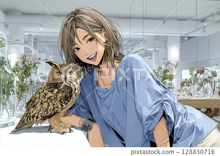 Owl Cafe Illustration of a woman playing with an owl 128830716