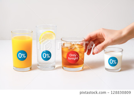 Three Non-Alcoholic Drinks And One Alcohol Drink Marked Only Tonight . Concept For Dump Drinking, Zebra Striping, Mindful Alcohol Use, Wellness Lifestyle, And Balanced Social Habits 128830809