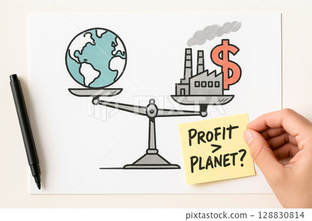 Earth And Factory On Uneven Scales With Profit Planet Sticky Note. Concept For Climate Justice, Environmental Ethics, Corporate Responsibility, Sustainability Awareness, And Eco-Social Commentary 128830814