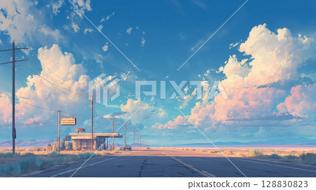 遼闊的天空和廢棄的加油站：夏日旅程的懷念 128830823