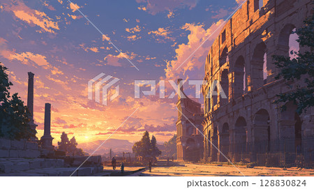 Roman ruins at sunset: The Colosseum and ancient romance 128830824