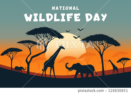Wildlife Day Flat Poster with African Animal Silhouettes and Sunset. 128830851