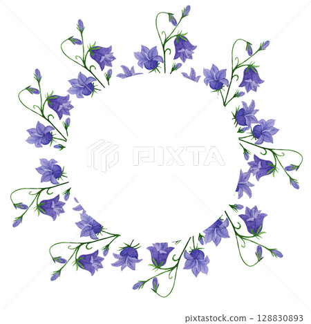 Watercolor round frame of blue bellflowers and herbs. Design of greeting cards, invitations 128830893