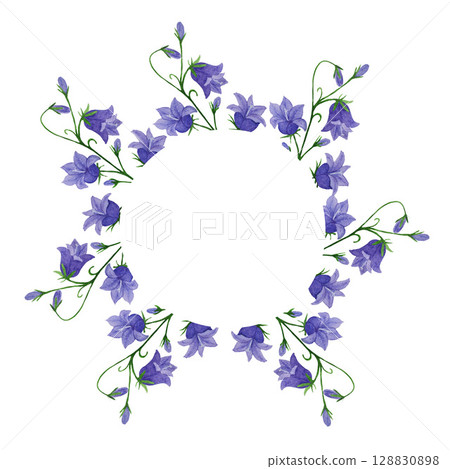 Watercolor round frame of blue bellflowers and herbs. Design of greeting cards, invitations 128830898